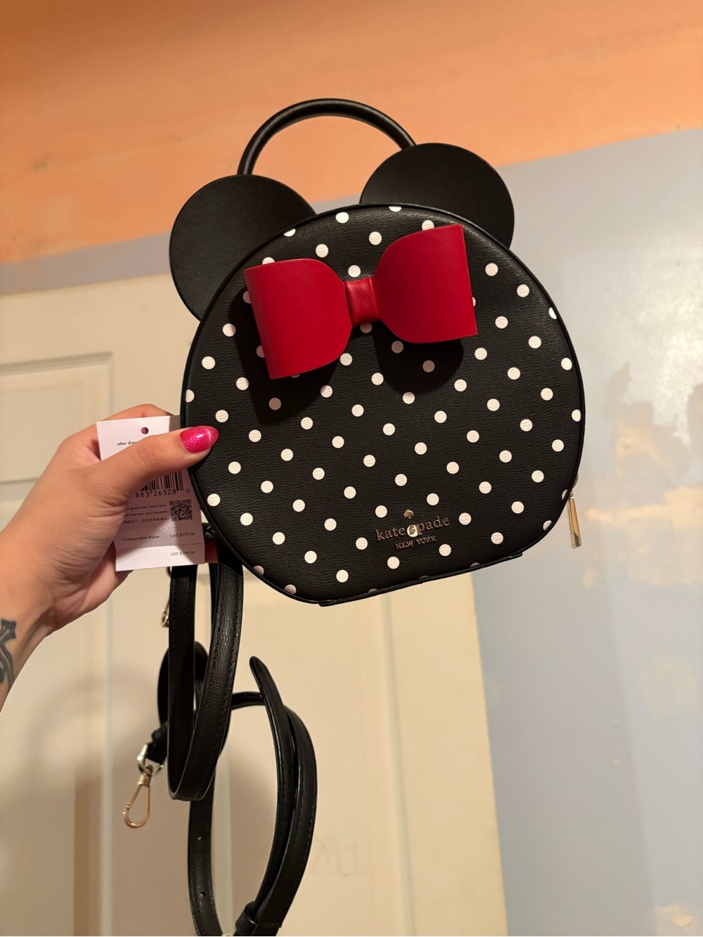 Kate Spade NWT Disney Minnie Mouse Crossbody B&W Polka Dot Red Bow - Picture 2 of 6